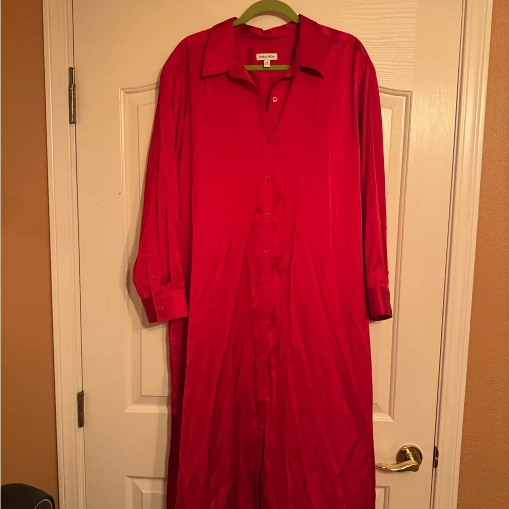 Nordstrom Silk Bright Red Shirt Dress - Picture 1 of 3